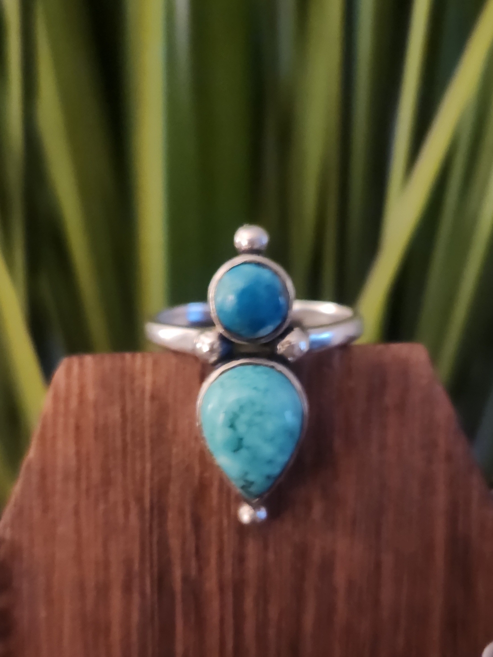 Turquoise Double Stone Sterling Silver Ring - Size 9